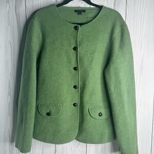 Lands End Blazer Jacket Womens Size 14 Green 100% Wool Button Pockets
